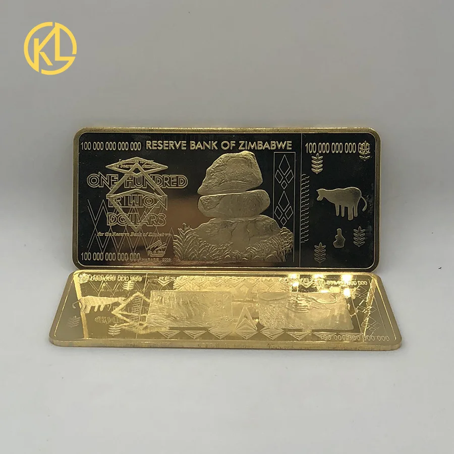 

100pcs 95x45mm Slim Long Square 100 Trillion Dollars Zimbabwe Gold Bar Bullion for Collection Business Gift For Christmas Gifts