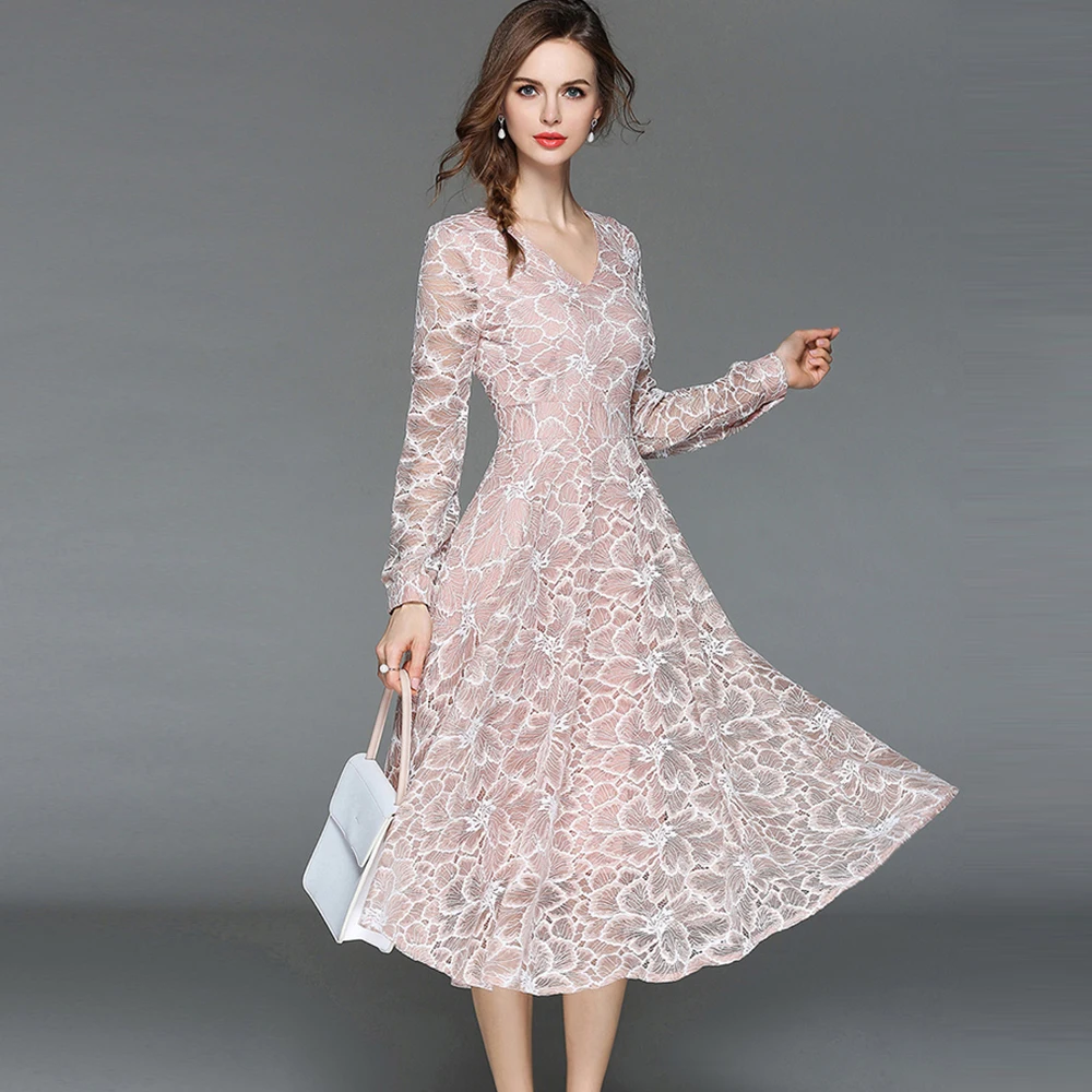 fashion woman spring lace a line dress full sleeve ladies elegant party ...