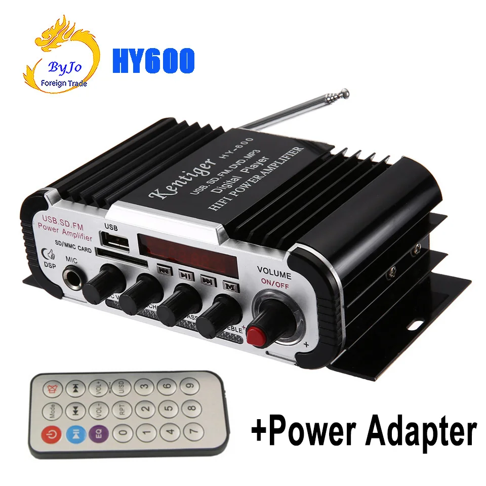 

HY600 Mini Amplifier Car Amplifier 20W+20W FM Audio MIC MP3 Speaker Stereo Amplifier for Motorcycle Car Home use + Power Adapter