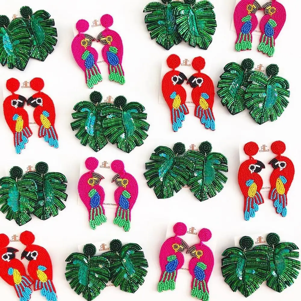 

Girlgo 2019 Vintage Beads Leaf Earrings for Women Statement Colorful Birds Macaws Crystal Tassel Earrings Fashion Drop Jewelry