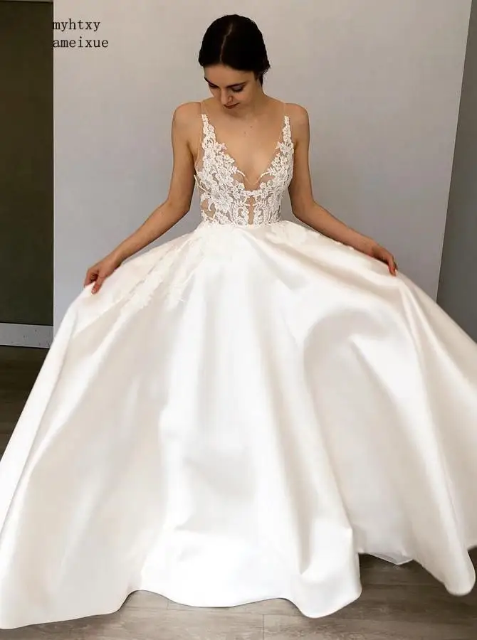 

Princess Wedding Dresses 2019 Illusion Top Lace Smooth Satin Beach Boho Dress chubby Simple Sleeveless Bride Plus Size Luxury