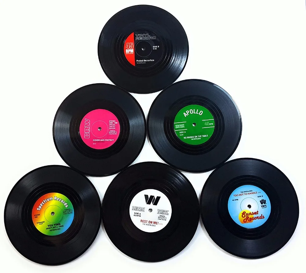upors 6pcs set black vinyl record coaster retro table cup mats pads