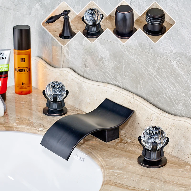 

Deck Mounted Bathroom Widespread Waterfall Basin Sink Faucet Dual Handle Black Lavatory Sink Mixer Taps