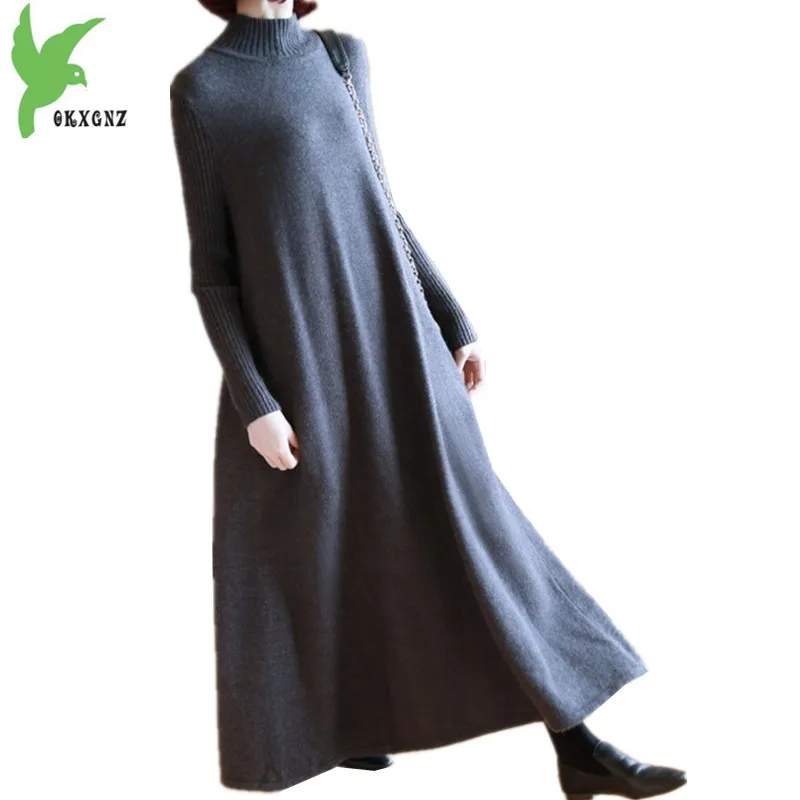 

New Women's Autumn Knit Dress Lengthen Big swing Dress Boutique Winter Large size Dress Pullover Sweater Long Dress OKXGNZ A1165