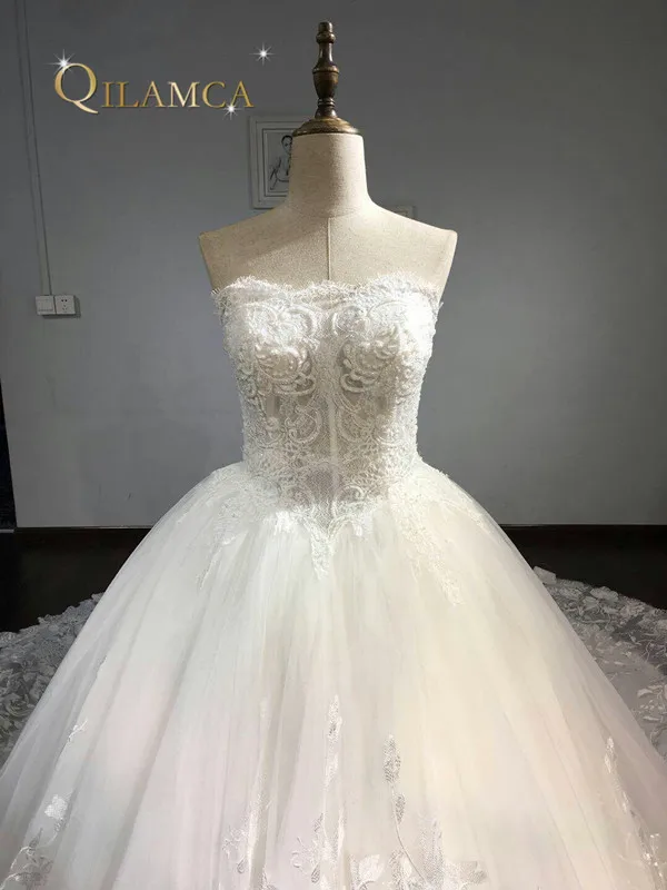Robe De Mariage принцессы Свадебное платье Кружево бальное платье длинным шлейфом Аппликации Тюль Свадебные платья