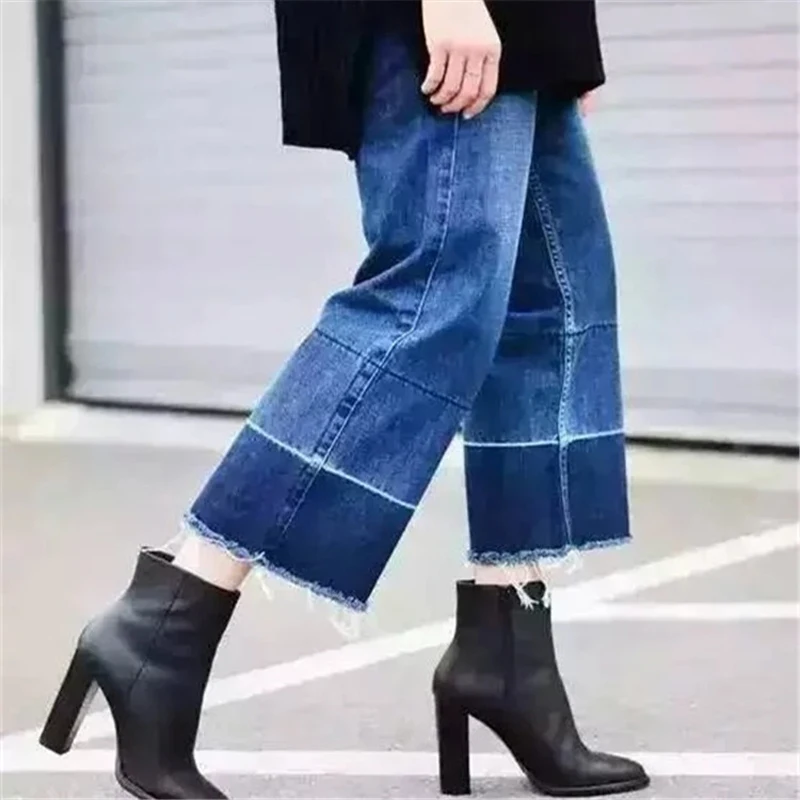 

Women Vintage Frayed Hem Wide Leg Fashion Denim Jeans Pants In Mid Wash 2017 New Arrivals