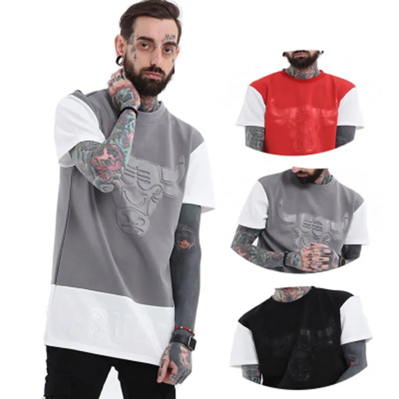 

Short-Sleeved Men'S T-Shirt Hip-Hop High Street Fashion Simple Contrast Color Bull Models Loose Casual Sports Tshirt