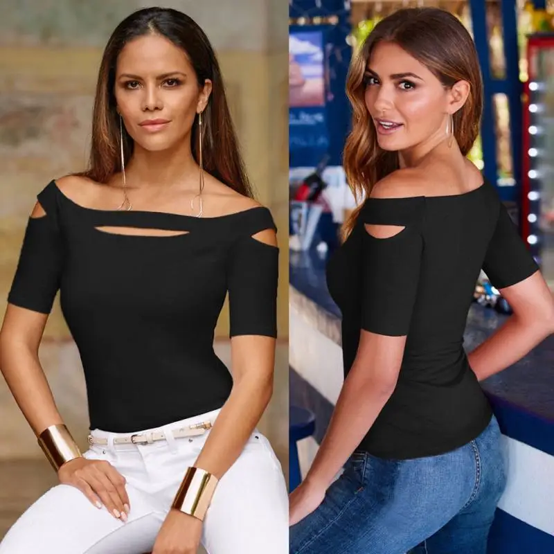 

Sexy white T-Shirts Solid Color Off Shoulder Hollow Out Slim Tops black T-Shirts Stretch Short Sleeve wine red Women T Shirt