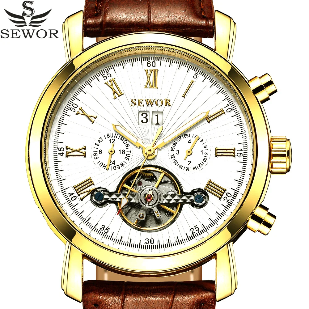 

SEWOR Tourbillion Black Gold Dial Fashion Casual Design Auto Date Men Watch Top Brand Mechanical Automatic Wrist Watch For Men