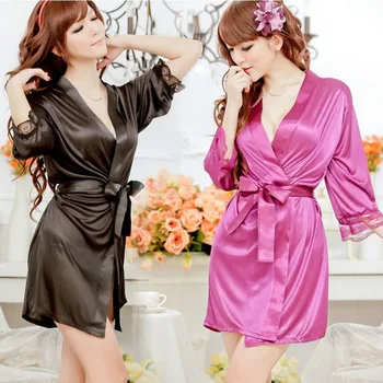 

women's autumn style sexy lace bathrobesFaux Satin+lace nightwear sleepwear temptation home wear female