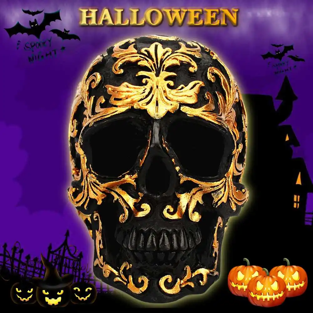 

Halloween Decorative Resin Craft Black Skull Head Golden Carving Skull Sculpture Ornaments Party Home Decoration Accessories