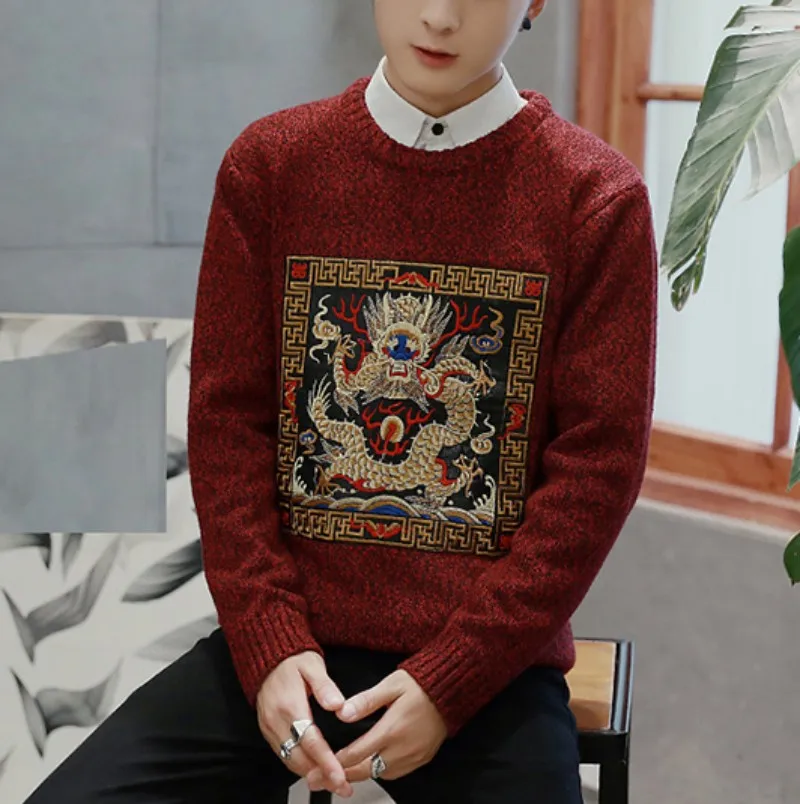Модный китайский вышивка мужской свитер с круглым вырезом большой размер M-5XL вязаный свитер пуловер Повседневный Slim Fit Pull Hommes