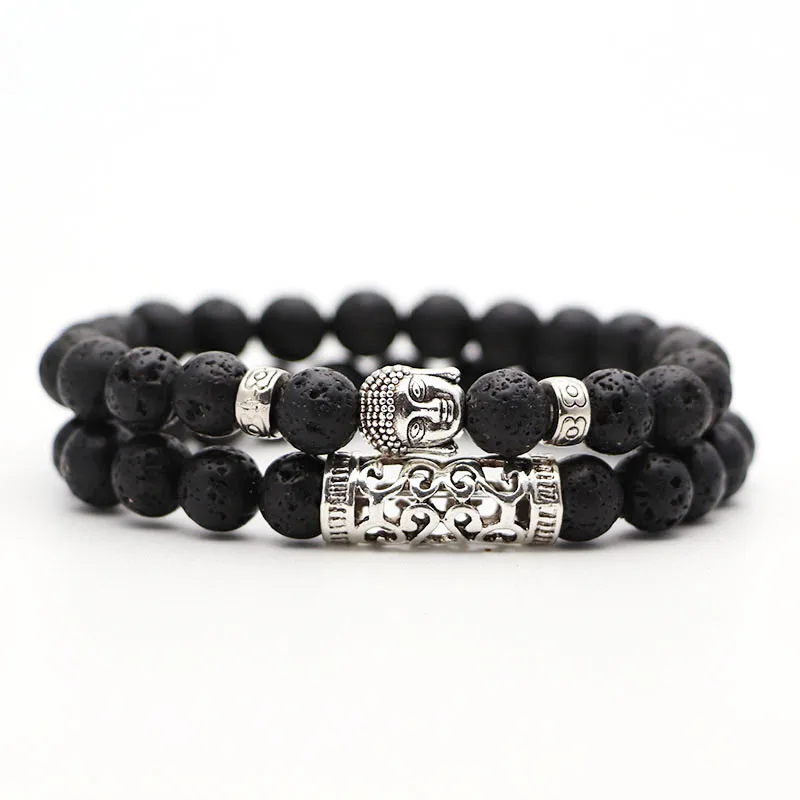 2pcs set Black Lava Stone Prayer Beads Buddha Men Bead Bracelet Beaded Bracelets for Women and Mens Pulseras Masculina - Окраска металла: Платиновое покрытие