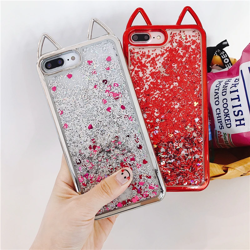

WTSZKL Stylish Cat ears TPU Phone Case For iphone X XS Liquid Quicksand Fun Case For iphone X 8 7 6 6s plus Soft Shell Cover