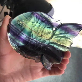 

Free Shipping 3.3'' Beautiful Natural Hand Carved Rainbow Fluorite Quartz Crystal Fish Statue For Gift FMX