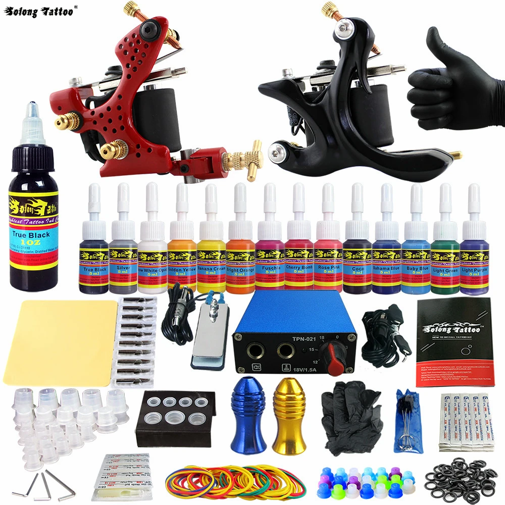 

Complete Tattoo Kit 2 Pro Machine Guns Tattoo Machine Kit Power Supply Needle Grips 14 Ink Color Makeup Set TK203-28