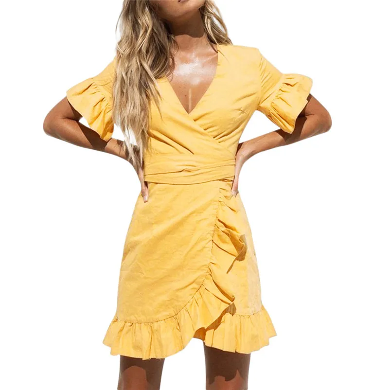 HOT sell Fashion summer dress beach dress Women casual V-Neckline Dress Solid Short Sleeve Irregular dress vestidos Y12#N (6)