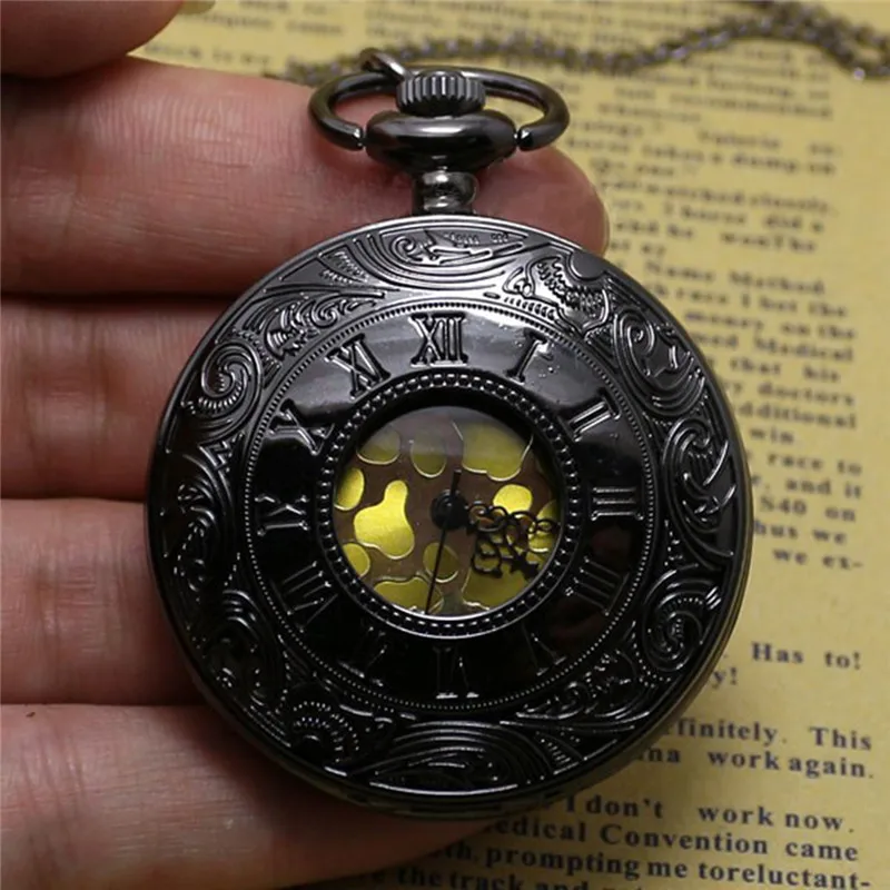 Модные карманные часы Черный Кварцевые часы стимпанк Fob часы для женщин цепочки и ожерелья кулон с цепочкой