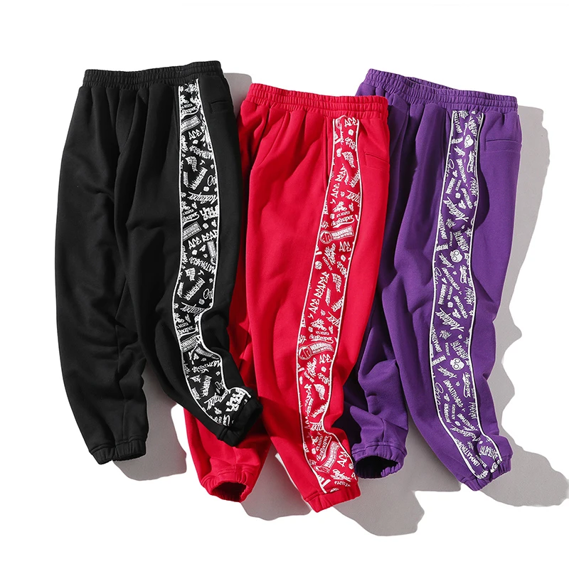 Боковые буквы печати 3 цвета Мужские штаны для бега Фиолетовый Винтаж Sweatpant черный белый красный
