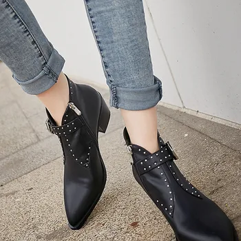 

YMECHIC 2019 Fashion Autumn Ankle Boots for Women Cow Leather Chunky Heel Zipper Black Rivets Ladies Booties Buckle Shoes Women