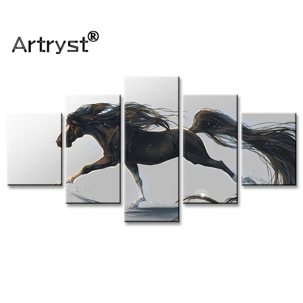 5 pieces of modular black and white canvas painting running horse