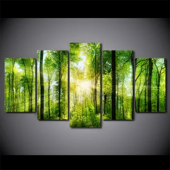 

5 Panel HD Printed Spring Green Tree Forest Wall Art Pictures Modular Home Decor Canvas Painting HD Printed Decoracion Pop Art