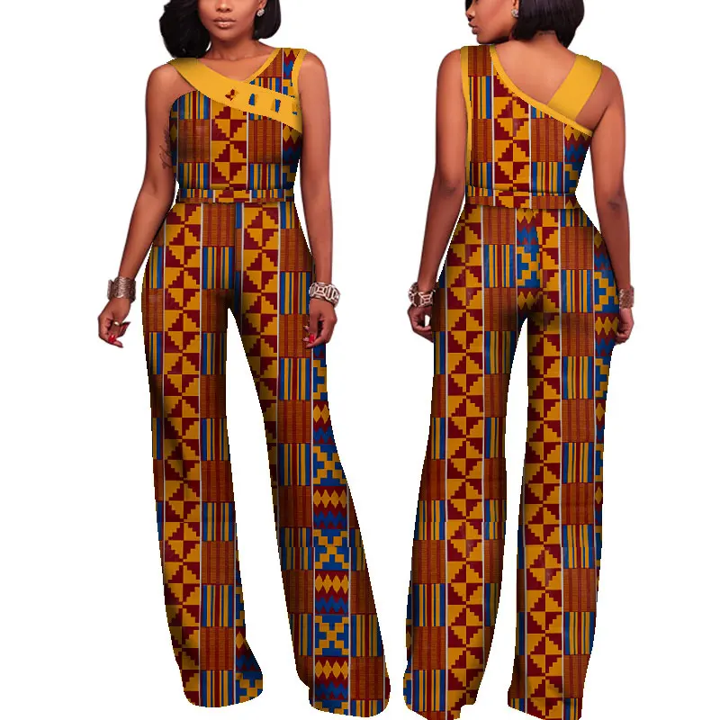 

Fashion Women Jumpsuits African Clothes African Wax Print Bazin Riche Cotton Sleeveless Wide Leg Pants Lady Long Romper WY4347