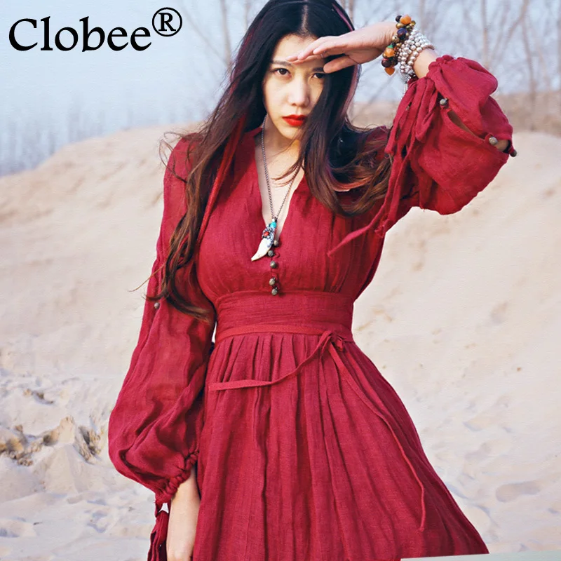 

2017 Women Red Dress Maxi Robe Plus Size Summer Nation Style Loose Red Dandage Dress Cotton Linen Fashion Beautiful