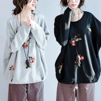 

BIG SIZE 5XL Spring Autumn Women Elegant Embroidery Flower Tops Lady Female Plus Large Long Sleeve Cotton Loose Sweatshirt