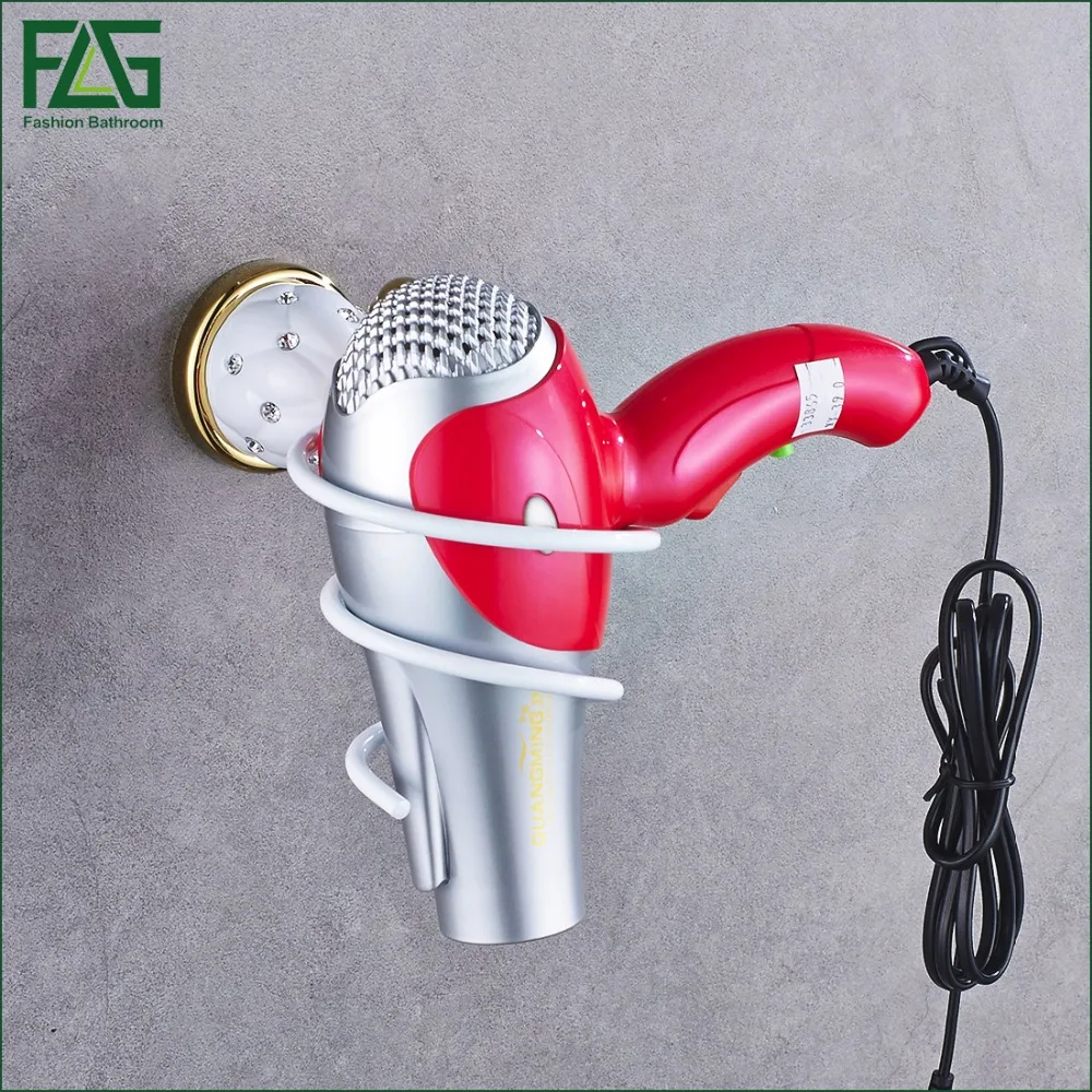 FLG Luxury Brass Diamond Bathroom Wall Shelf Wall-mounted Hair Dryer Rack Storage Hairdryer Support Holder Spiral Stand Holder 