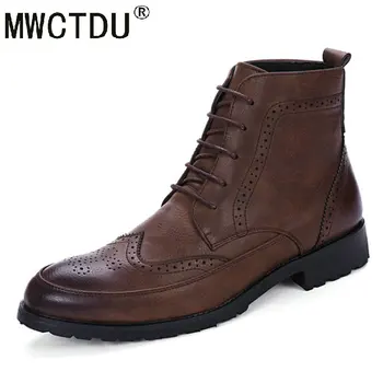 

MWCTDU New Men PU Leather Ankle Oxford Boots British Style Male Casual Lace Up Derby Shoes Retro Carved Flower Brogue Shoes
