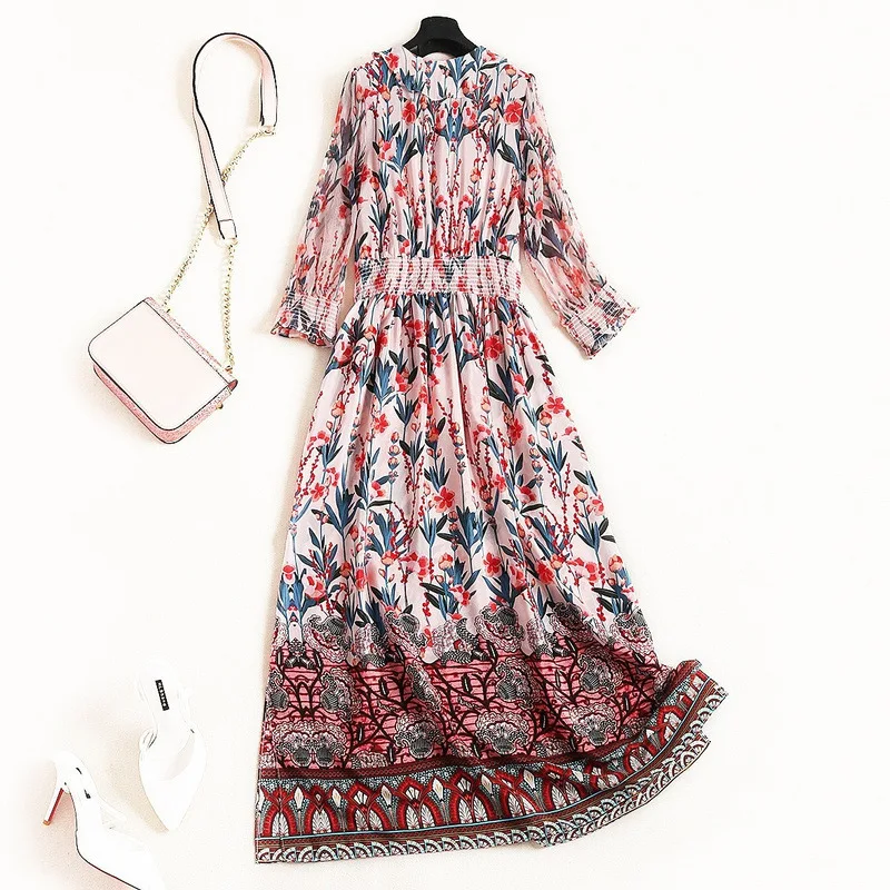 Shuchan 100% Natural Silk Summer Dress Indie Folk Print Ruffles Three Quarter Sleeve New Arrival Dress 2019 V-neck clothing10515