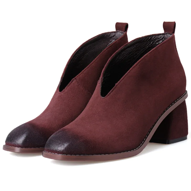 2017 New Style Fashion Vintage V Front Ladies Ankle Boots European Suede Autumn Booties Shoes Women Red Wine Chunky Boots A6788