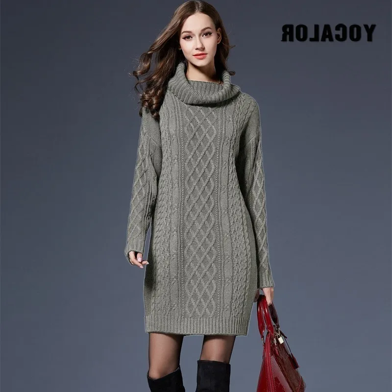 Cheap 2018 Winter Crochet Sweater Dress Plus Size Spring Women Long Sleeves Turtleneck Black Knitted Dress Lady Dresses For Winter
