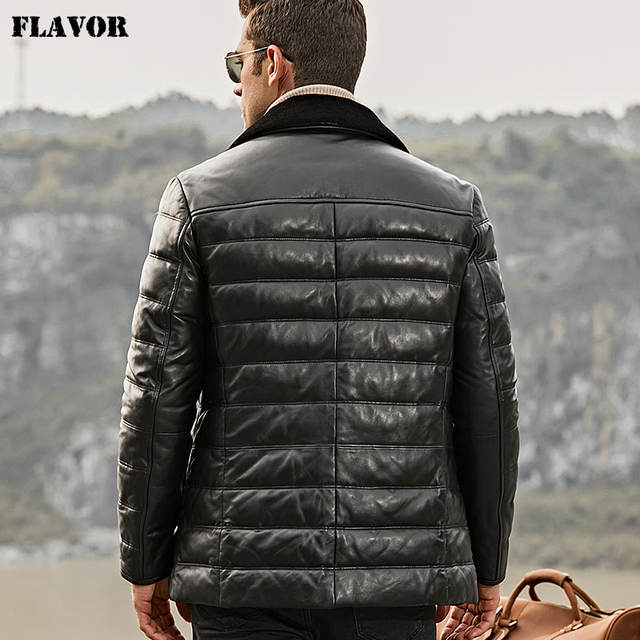 FLAVOR Men’s Real Leather Jacket Men Lambskin Genuine Leather Jacket Winter Duck Down Coat with Sheep Fur Collar