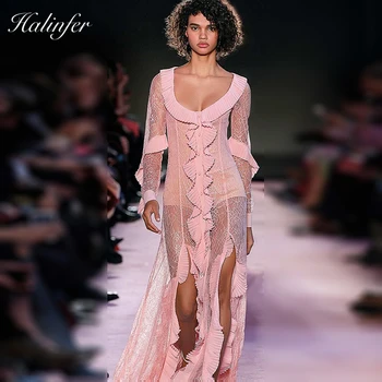 

Halinfer 2018 New summer women dress sexy bodycon o neck mesh ruffle bandage dress elegant celebrity party pink dresses vestidos