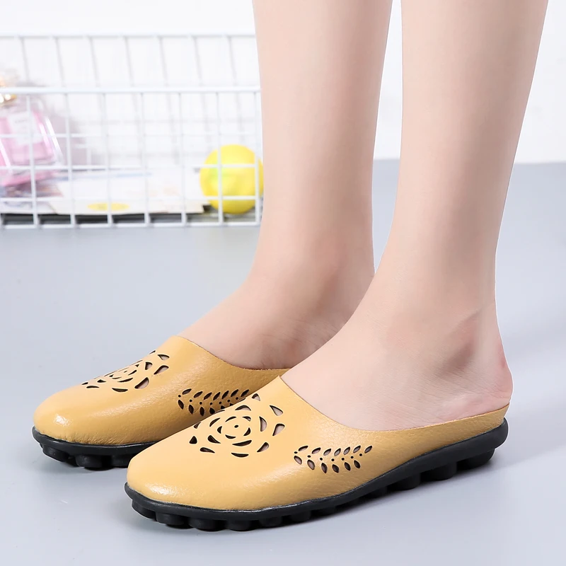 Casual Summer Shoes Woman Genuine Leather Flats Women Hollow Women's Loafers Female Solid Shoe Large Size 35-44 n794