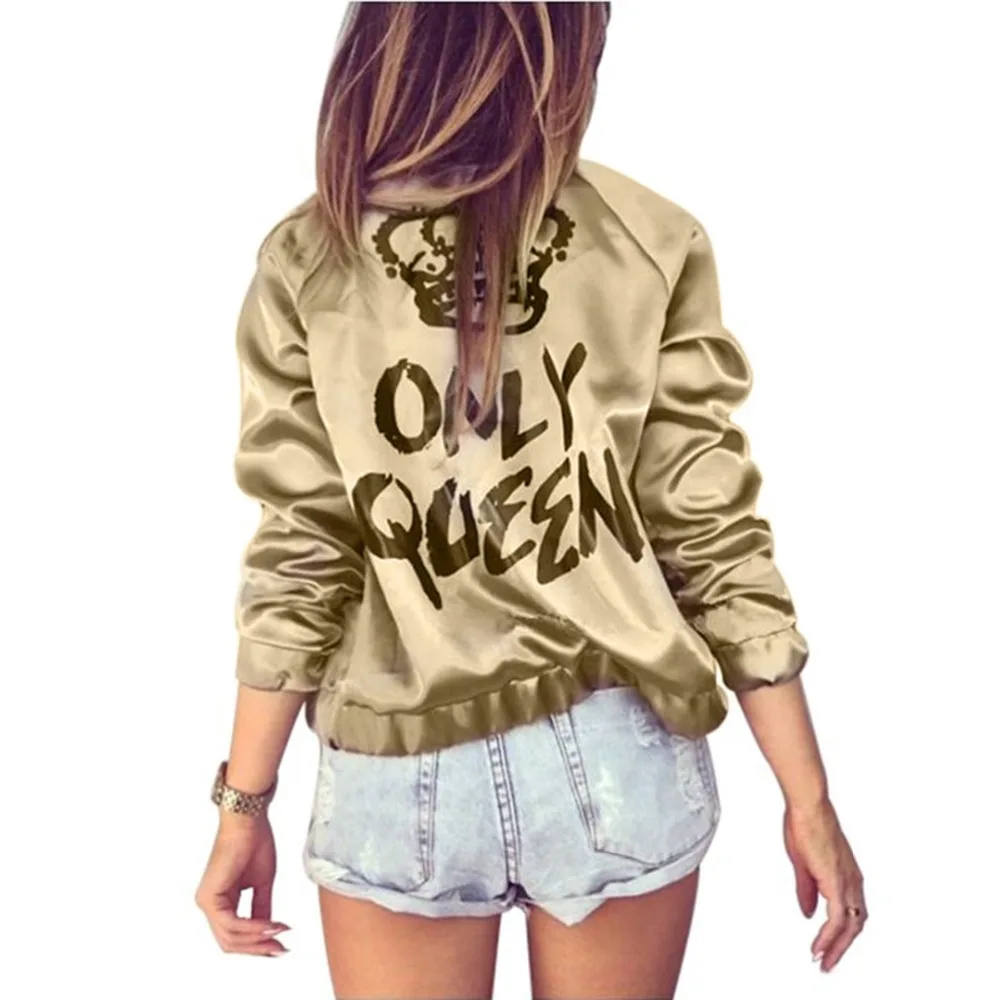 

Harajuku Autumn Women Bomber jacket Women Coat Crown Queen Print Long Sleeve Zipper Top Coat Biker Casual Short Outwea