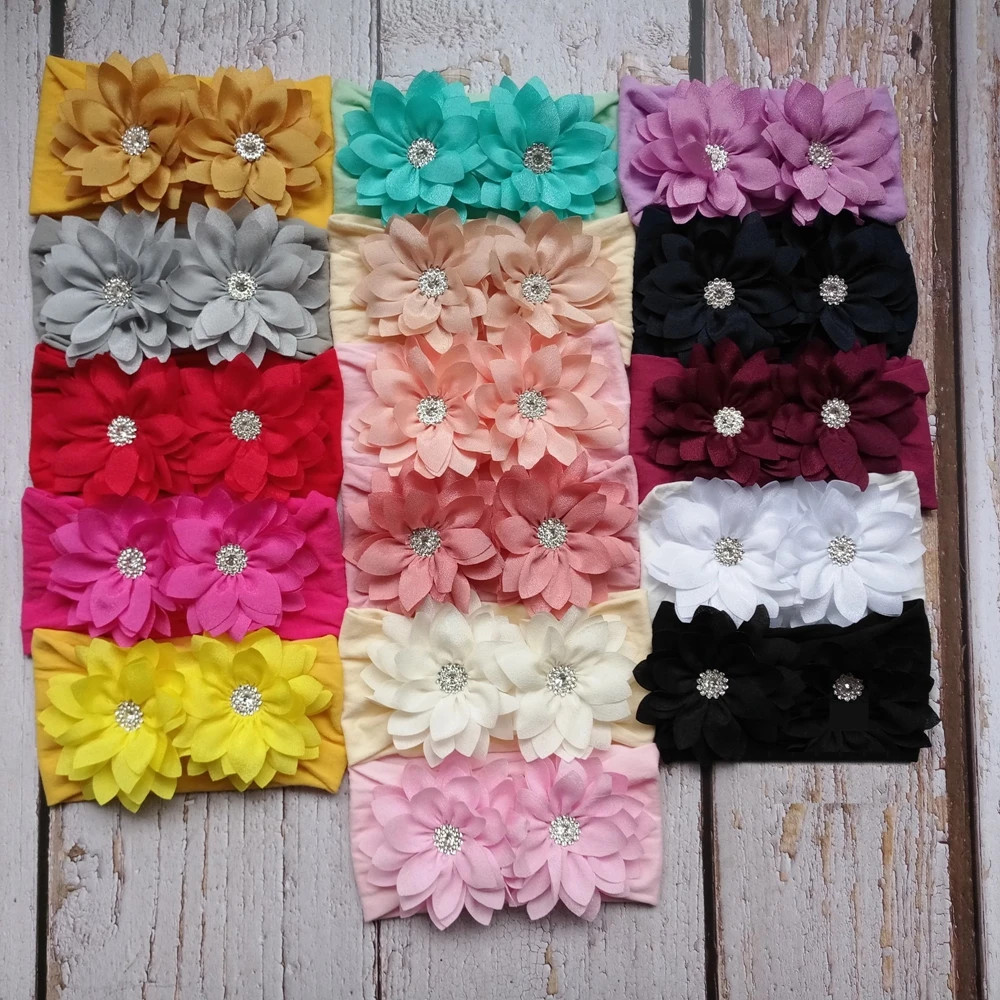 

10pcs/lolt Stretch Double Chiffon Flower Baby Headband Newborn Knot Wide Nylon Headwraps Girls Headwear Kids Photo Props