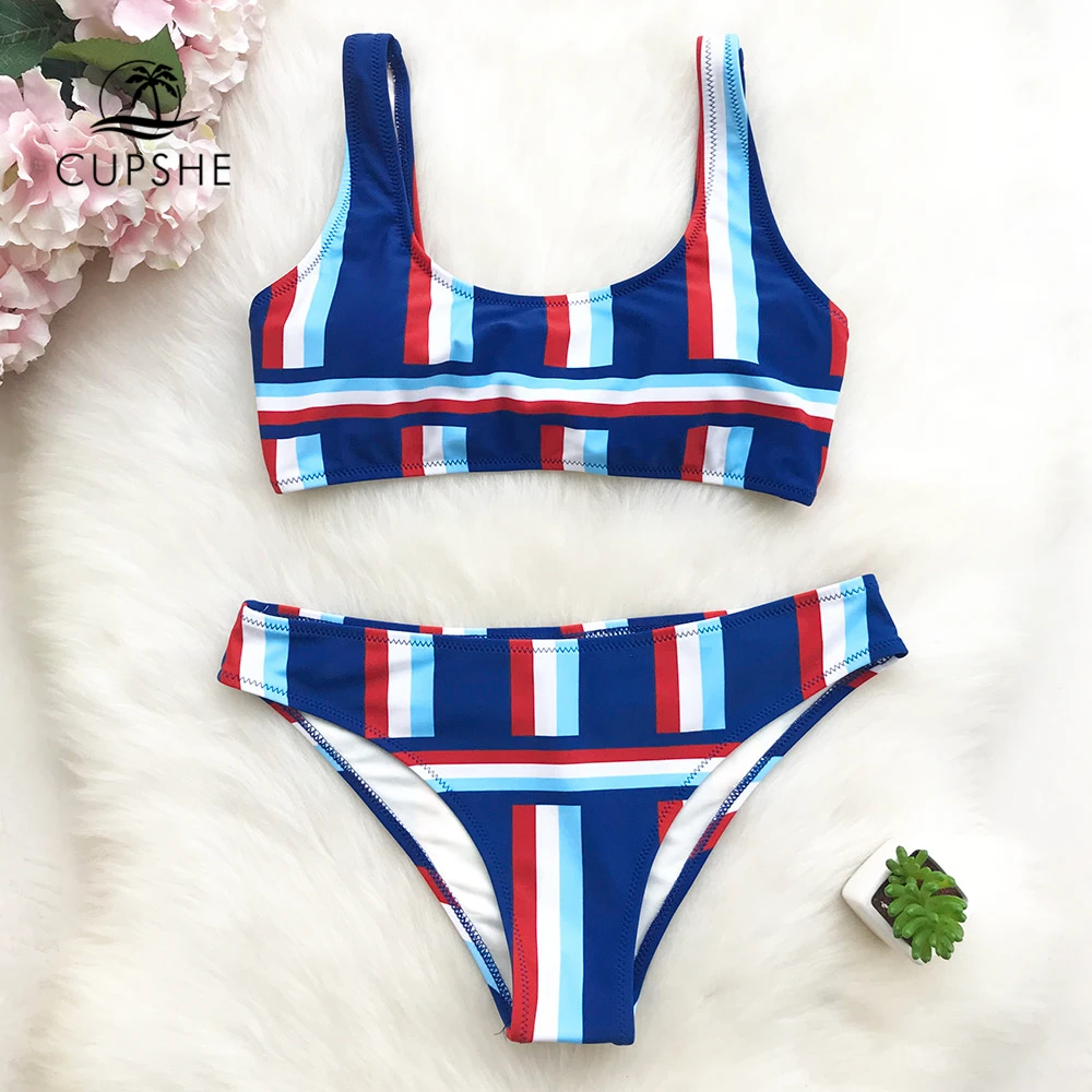 Billig Cupshe Eine Mehr Kuss Gestreiften Bikini Set Frauen Lace Up Tank U Neck Zwei Stücke Bademode 2020 Mädchen Strand Bade anzüge Badeanzüge