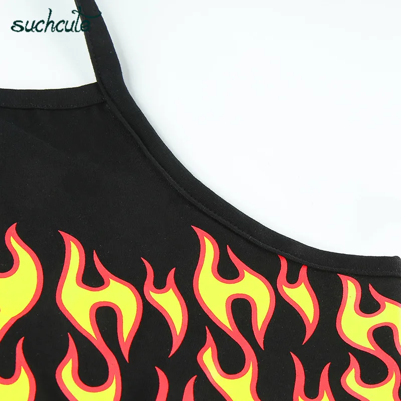 SUCHCUTE Crop Top With Flame Print Female T-Shirt Summer Sexy Streetwear Harajuku Gothic Korean Style Topics Body For Women