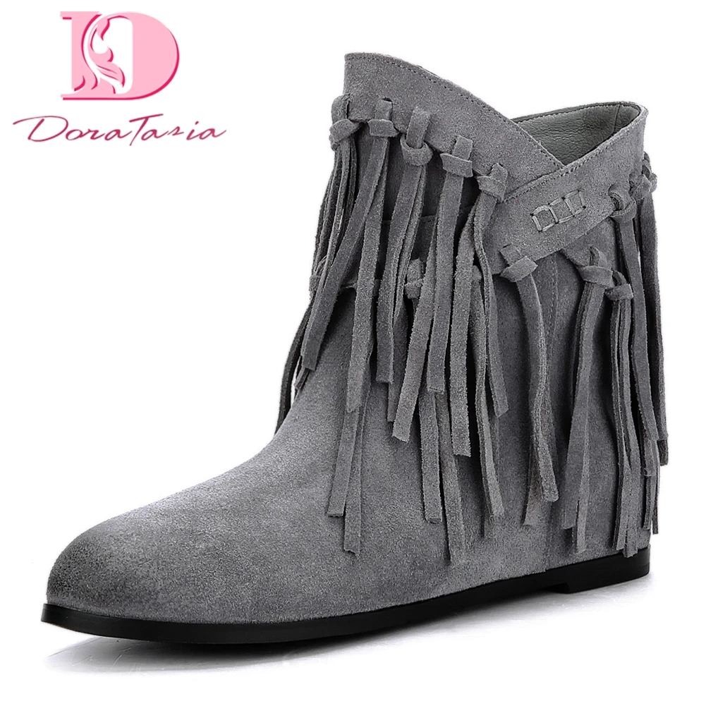 

Doratasia New Plus Size 34-43 Cow Suede leather Slip On Women Boots Shoes Woman fringes boots Add Fur Ankle Boots Woman