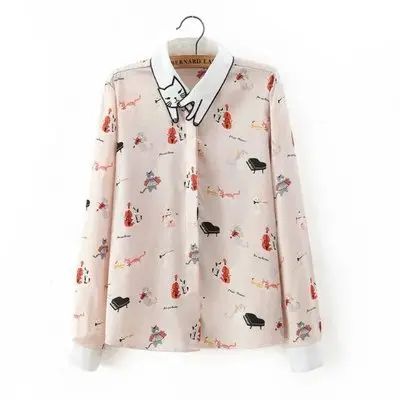 Новинка, милая винтажная шифоновая блуза с вышитым котом и воротником для фортепиано, гитары, кошки, женская рубашка с длинным рукавом, 2 цвета - Цвет: pink
