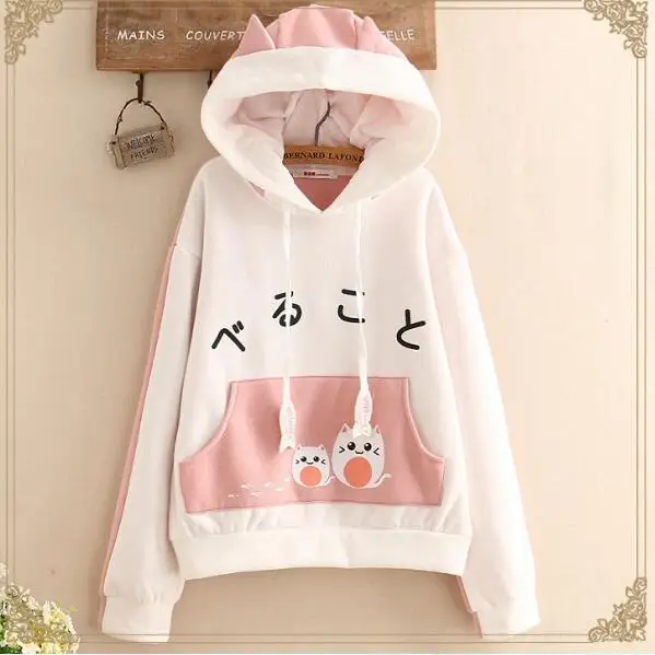 Японский Harajuku мультфильм Кот Толстовка с капюшоном женские хлопковые толстовки