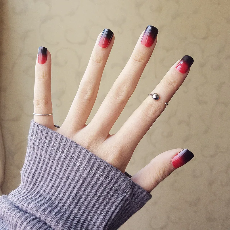24pcs Set Super Nice Acrylic Fake Nails Color Black Red Gradient Short Paragraph 7 Style Full Cover French False Nails Art Tips Aliexpress Beauty Health