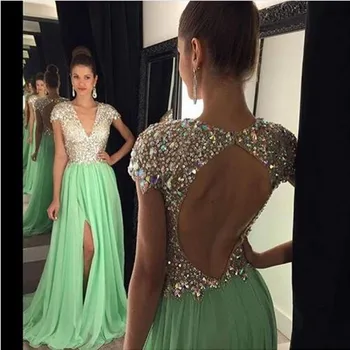 Long Evening Dresses 2017 Green Slit Crystals Beaded V Neck A Line Vestidos De Festa Prom Party Dresses Free Shipping Custom SJ