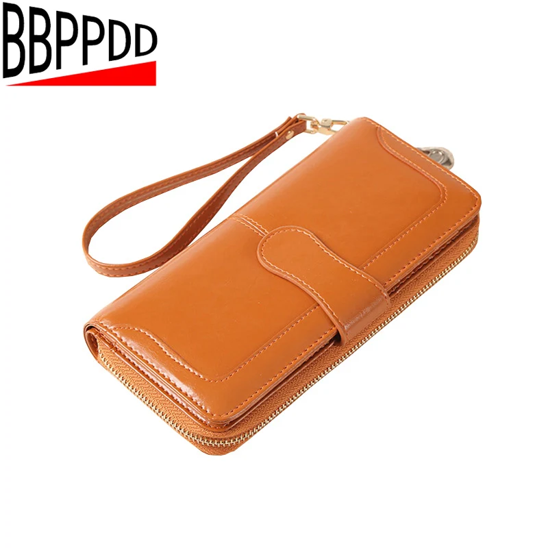 

BBPPDD 100% Oil Wax Cowhide Leather Women Wallet Phone Pocket Purse Wallet Female Card Holder Lady Clutch Carteira Feminina