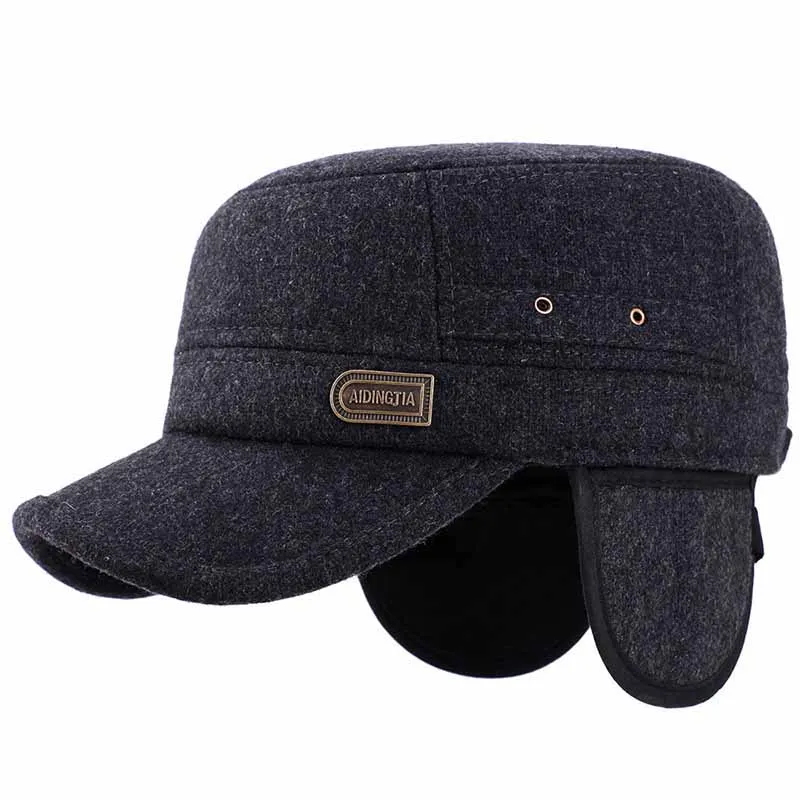  QDKPOTC Autumn Winter Wool Blended Felt Flat Caps Men Fashion Military Cap Army Cap Dad Hat With Th