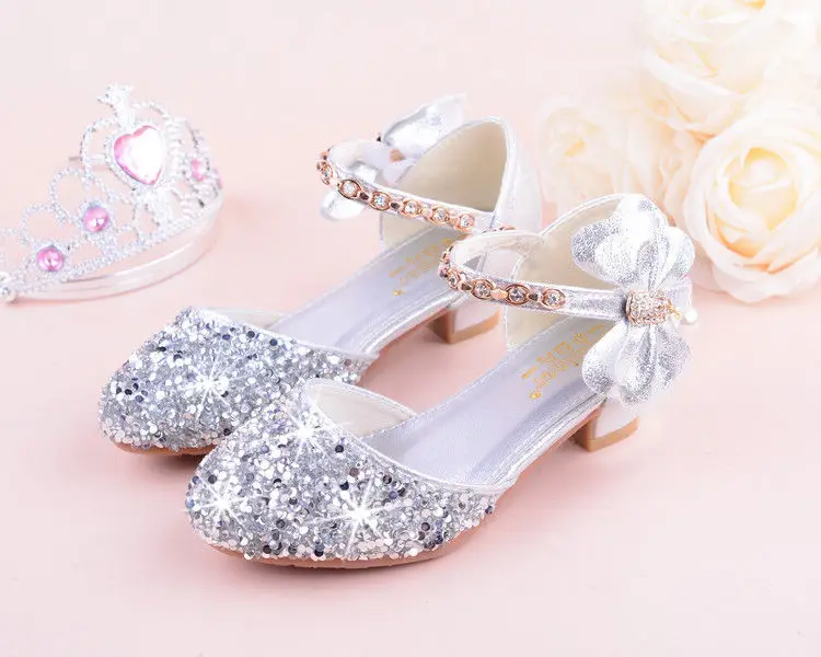 Girls sandals high heels spring and summer rhinestones bow princess Performance /wedding crystal single shoes shiny silver