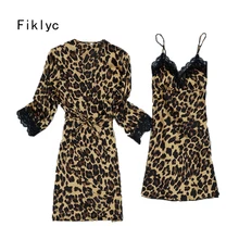 Fiklyc нижнее Белье Леопардовый Атлас халат и платье наборы халат+ ночная рубашка из двух частей женский сексуальный костюм для сна пижамы комплект нижнего белья Новинка
